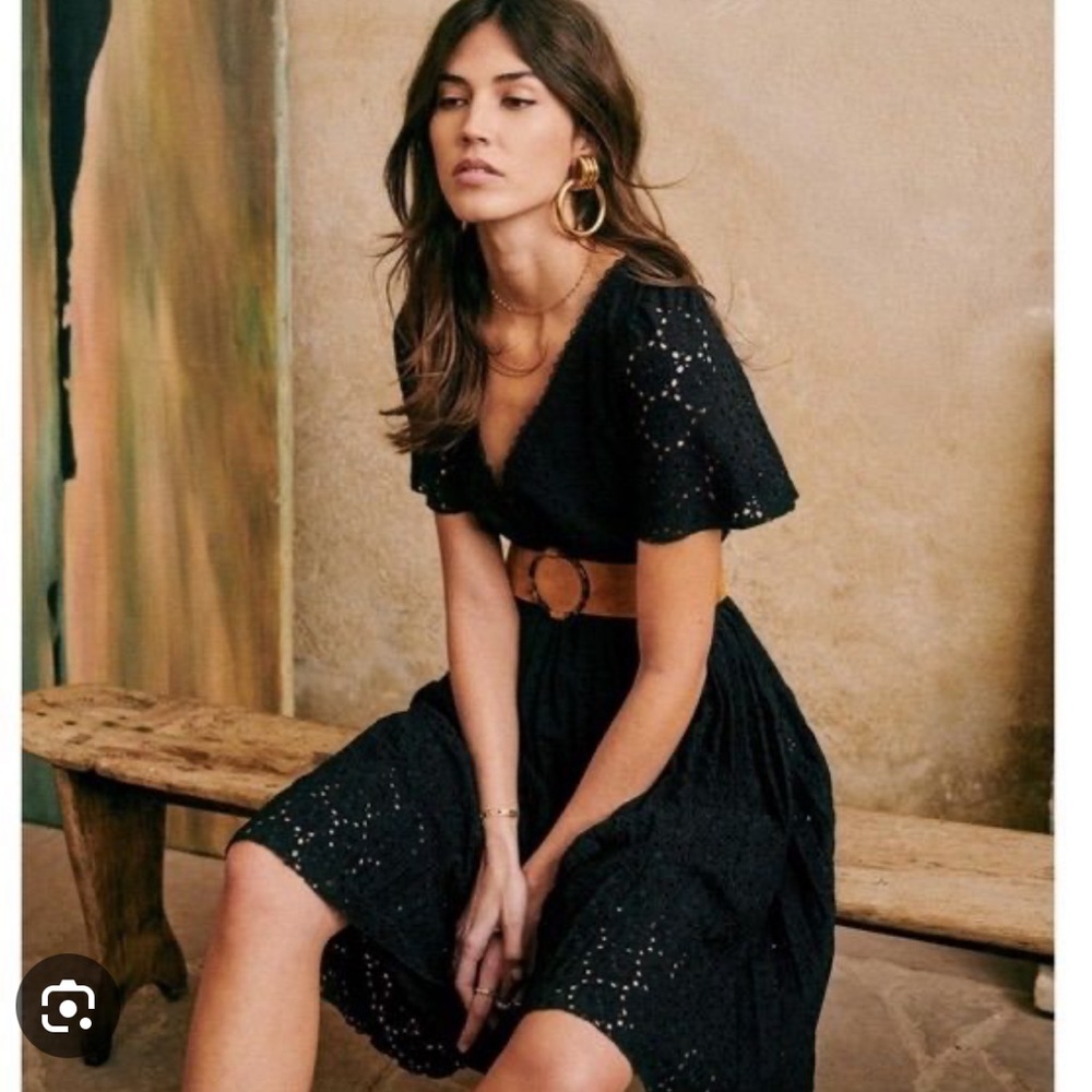 Sezane Black Eyelet V-Neck Midi Dress